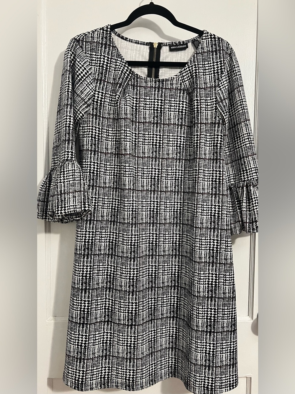 Nina Leonard Black White Purple Plaid Long-Sleeve Shift Dress with Ruffle Cuffs